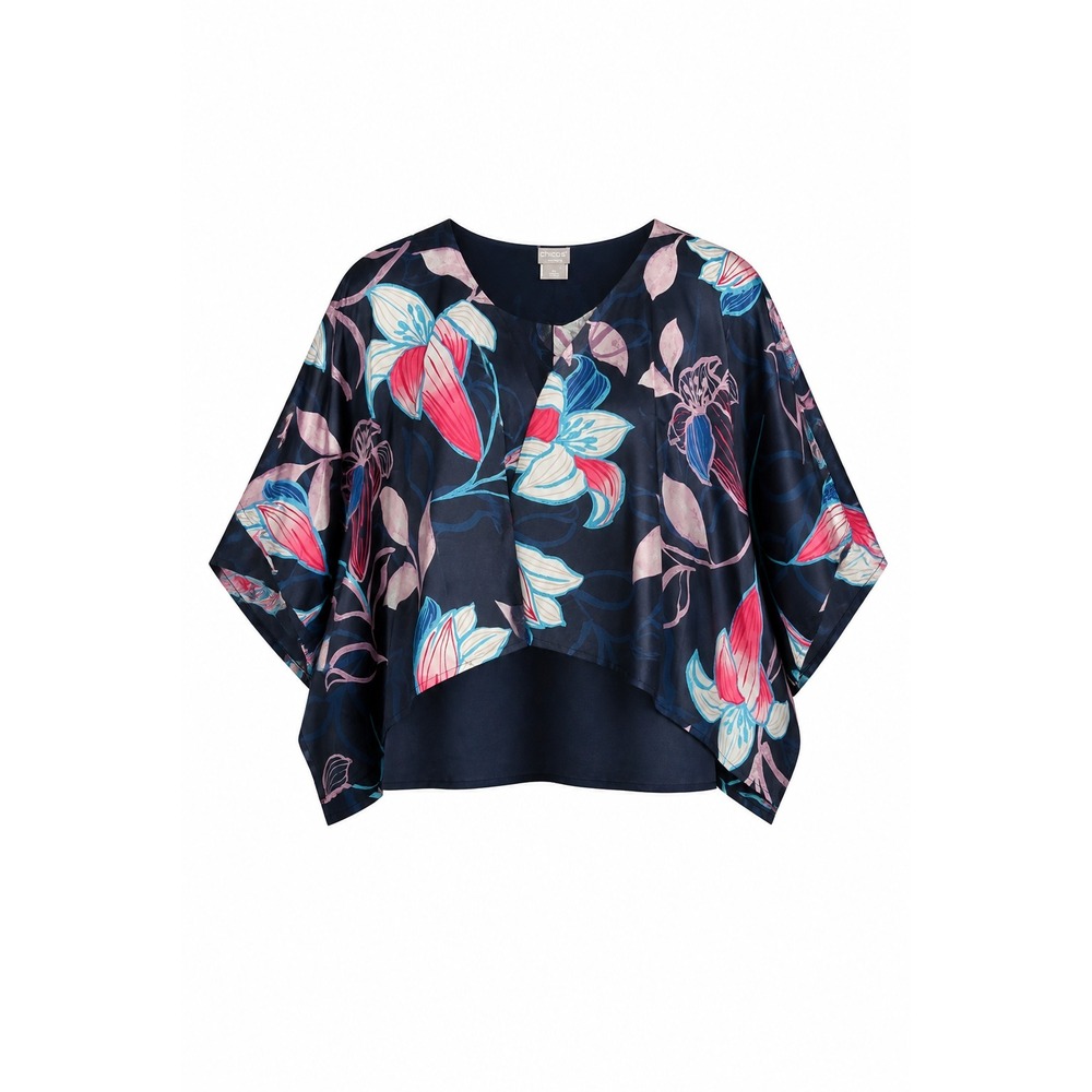 Chicos Travelers Floral Overlay Kimono Top Womens‎ 0 Navy Flowy Botanical Cruise